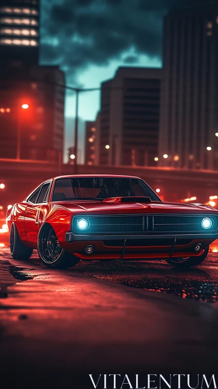 Red muscle car on wet city street at night under lights.