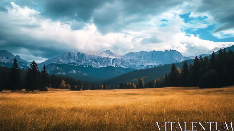 Golden mountain meadow stretches toward calm, misty peaks