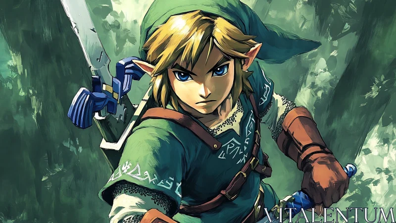 Heroic forest warrior steadies his sword with bold resolve