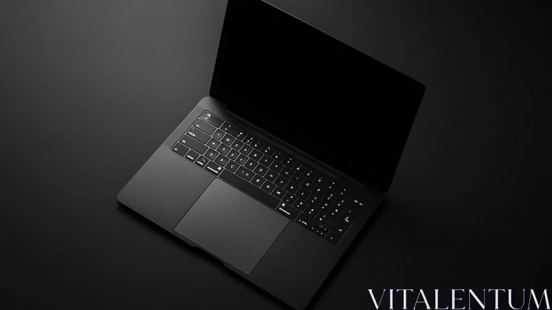 Sleek black laptop rests on dramatic dark background.
