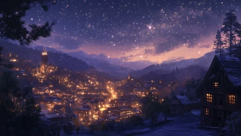 Nighttime mountain village is illuminated under dense starfield