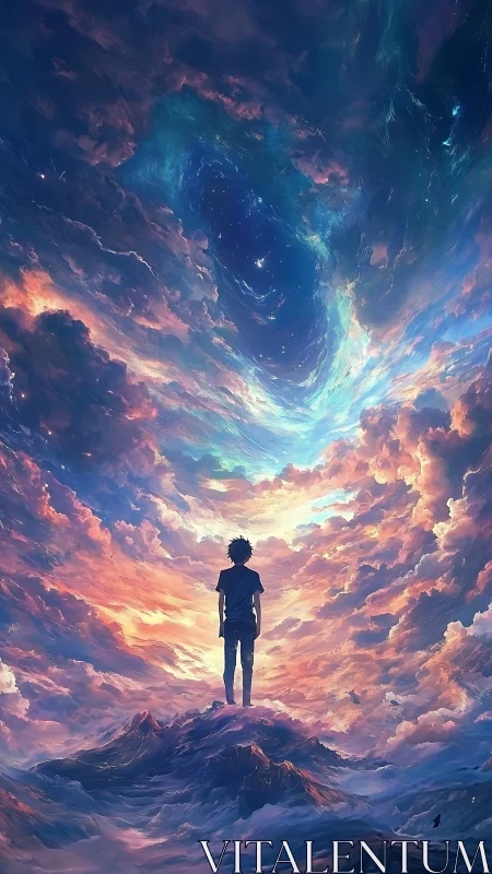 Solitary figure studies swirling nebula sky in luminous clouds