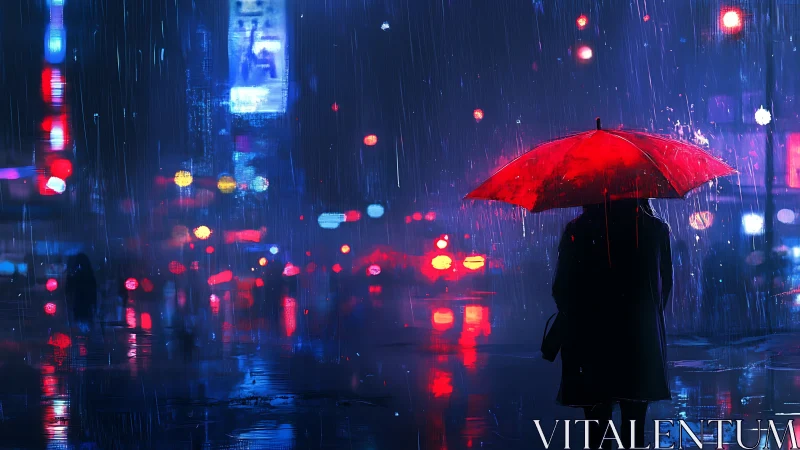 Crimson umbrella glows gently in a rain-soaked neon city