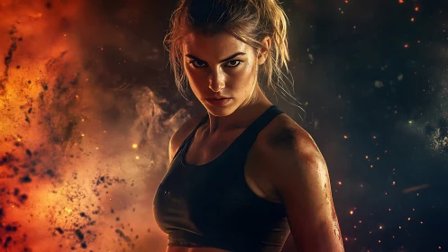 Woman stands in fiery particles with intense forward stare