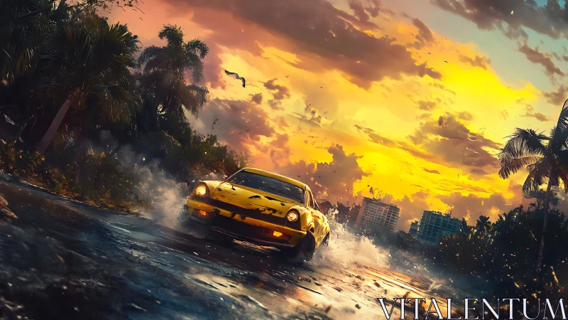 Sunset road race sends a bold yellow sports car flying forward