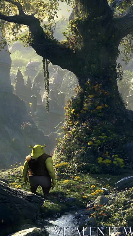 Ogre silhouette surveys luminous valley under monumental tree