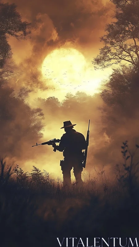 Silhouetted rifleman in misty forest against blazing sunset sky.