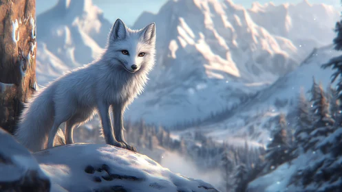 White arctic fox surveys a serene, sunlit winter valley