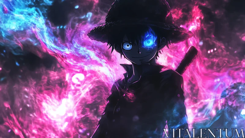 Anime swordsman silhouette in neon blue magenta spectral flames