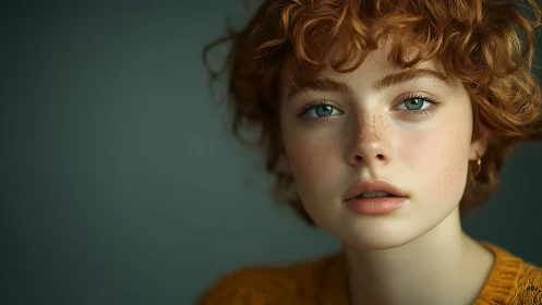 Red haired young woman portrait with calm direct gaze.