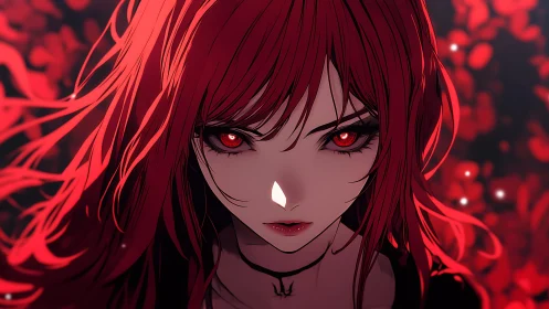 Fiery red‑haired anime girl gazes ahead with fierce focus