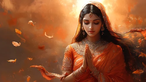 Digital portrait of praying woman in ornate sari with dynamic bokeh lighting