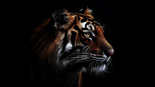 Tiger profile glows against deep black negative space