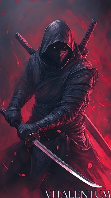 Hooded ninja grips twin katanas against red glowing backdrop