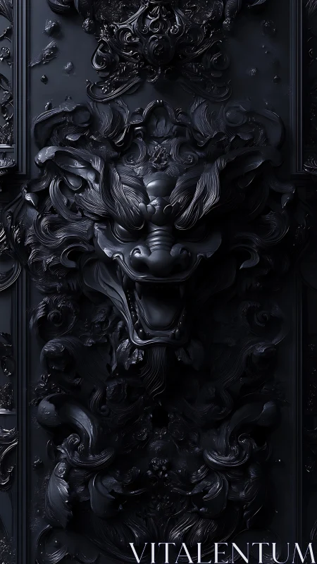Monolithic matte-black baroque dragon relief with high depth.
