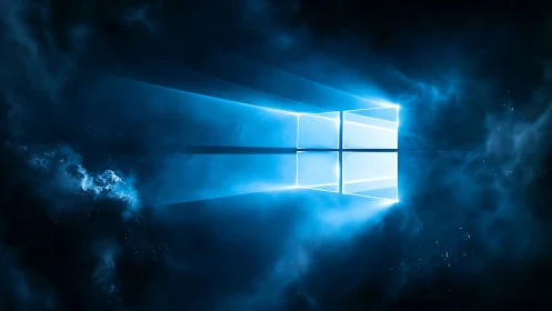 Windows style glowing logo in blue digital space environment.