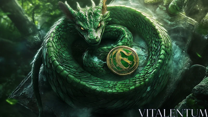 Emerald forest dragon curling around a secret golden medallion.