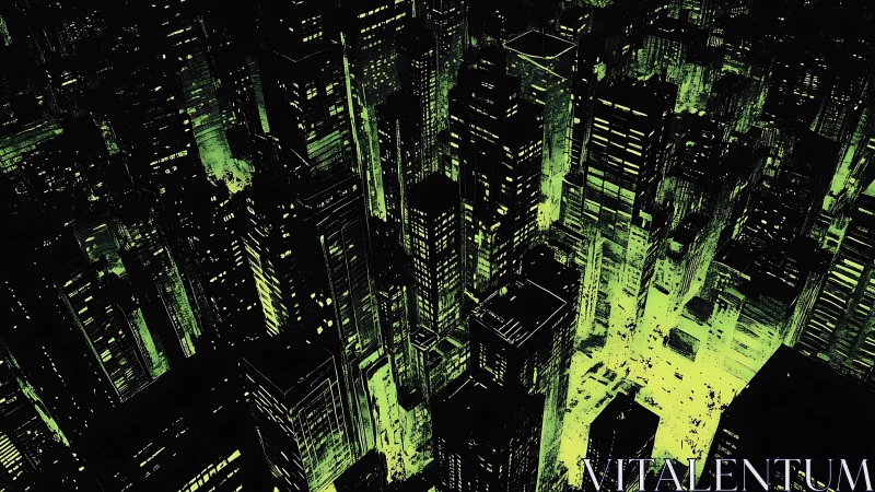 Urban high-rise grid is rendered with monochrome green contrast