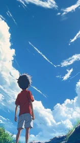 Backlit child observing stratocumulus sky from low vantage point.