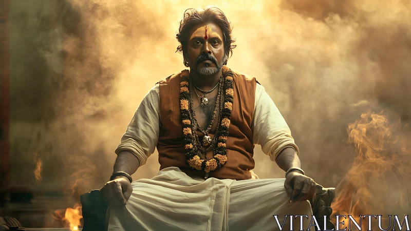 Middle‑aged holy man seated amid smoke and warm light.