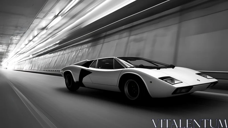 White wedge supercar accelerates through a monochrome tunnel