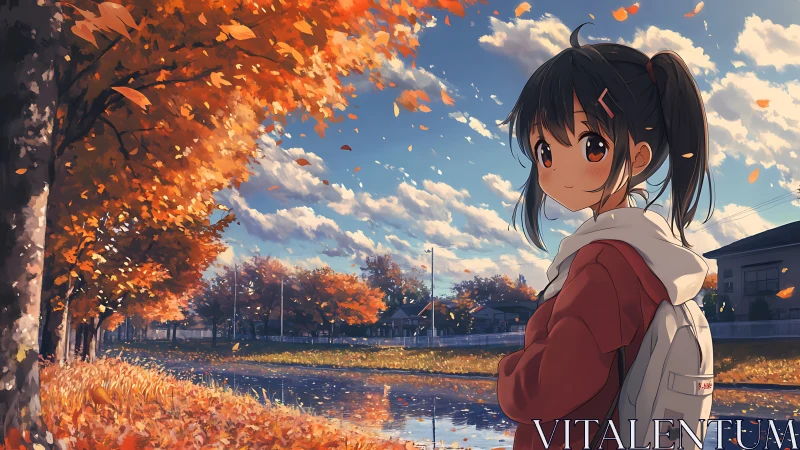 Anime schoolgirl walks beside a golden river under soft autumn skies