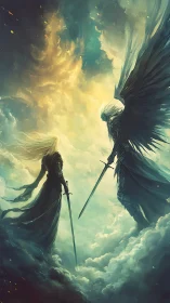 Celestial swords clash between lightborn and darkwinged warriors.