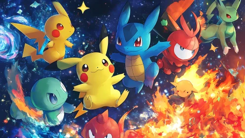 Pokemon heroes soar through a vivid cosmic battle sky