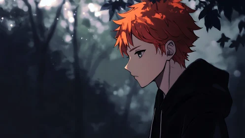 Melancholic profile of orange‑haired boy in soft bokeh forest