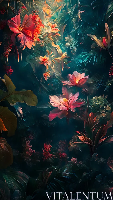 Luminous Garden: Red and Pink Flowers Against Dark Teal Foliage.