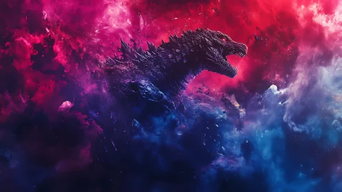 Cosmic kaiju silhouette in neon chromatic digital painting.