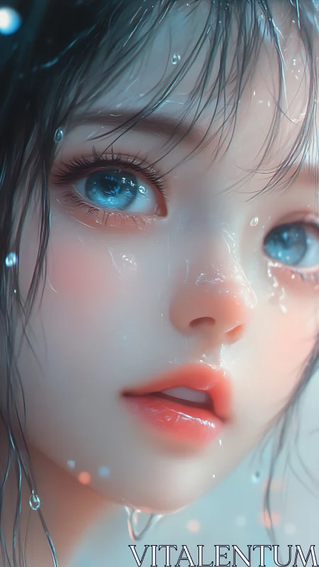 Digital close-up of wet female face illustrates stylized realism