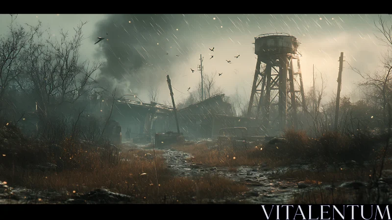 Stormlit ruined industrial outpost stands in desolate marsh