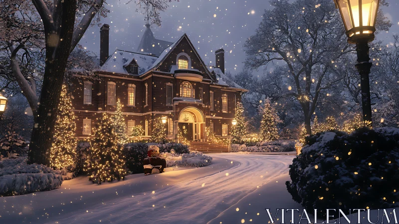 Victorian brick manor in snowy twilight with festive lighting