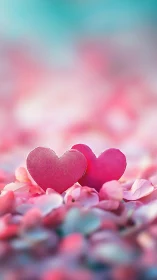 Two magenta fabric hearts resting on soft pink petals with bokeh background