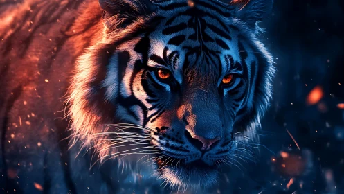 Digital tiger portrait under blue shadows and ember light.