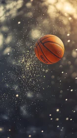 Basketball suspended midair with cinematic bokeh particles glow