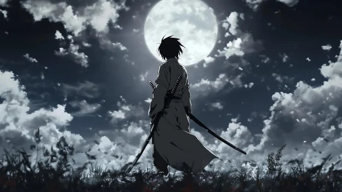 Lone swordsman studies full moon over windblown field