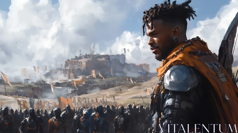 Digital painting of armored warlord leading vast siege army.