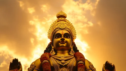 Golden deity statue glowing softly against sunset sky.