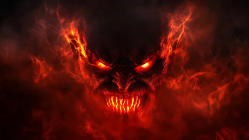 Volumetric infernal visage emerging from turbulent flamefield.