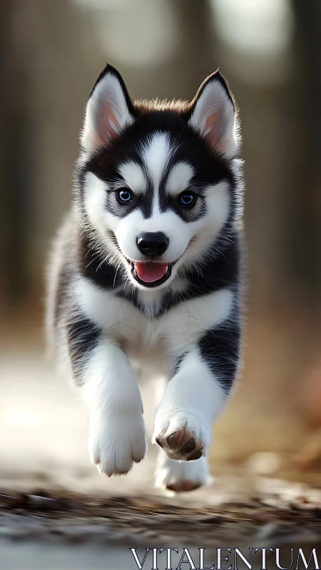 Siberian husky puppy running along outdoor path in focus.