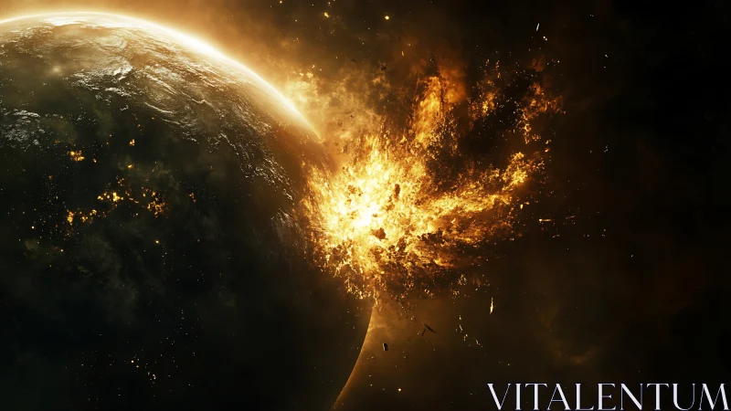 Starfire collision shatters a darkened world in molten bloom.