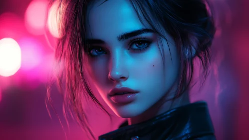 Moody neon portrait of a thoughtful girl in soft city glow.
