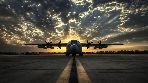 Sunrise runway moment with a grounded cargo plane.