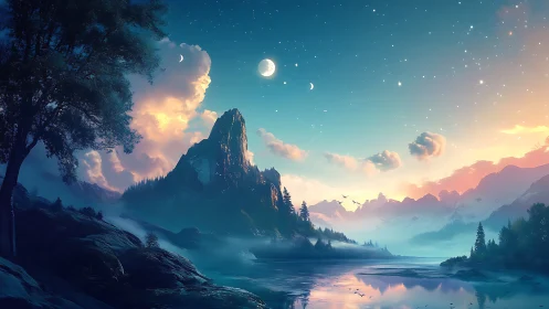 Digital painting of ethereal mountain lake under crescent moons.