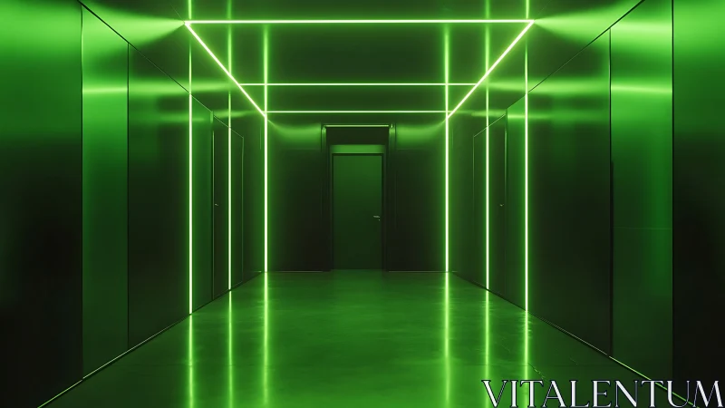 Neon green corridor glows with futuristic geometric light lines