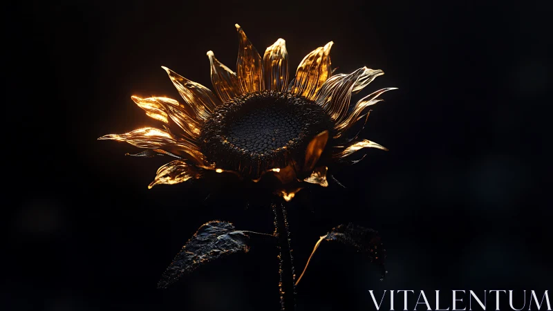 Backlit metallic sunflower rendered against dark field.