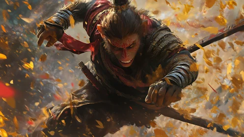 Armored simian warrior in mid-leap amid swirling leaves.