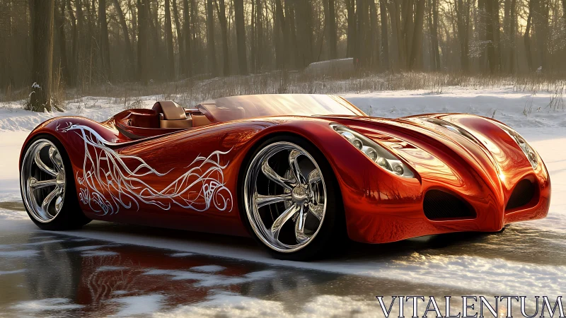 Red custom roadster on snowy forest roadway surface.